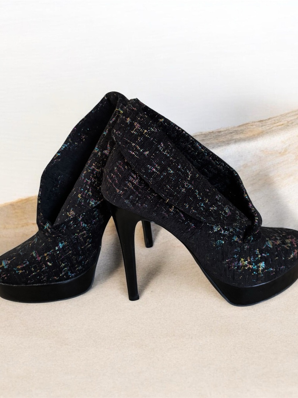 Chinese Laundry Black Sparkle Fold-Over Platform Booties
